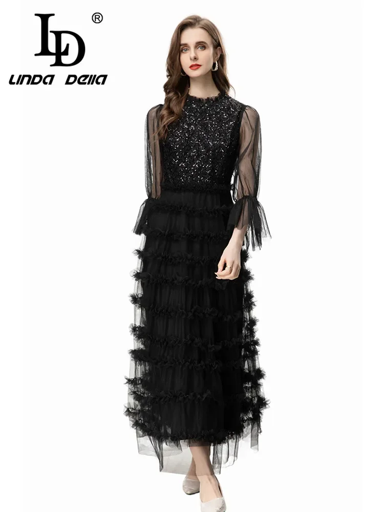 Женские платья с каскадными оборками LD LINDA DELLA Яркие дизайнерские из сетчатой