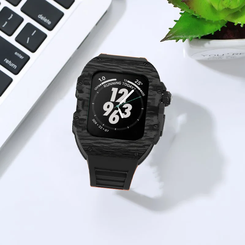 Modification Kit Carbon Fiber Case for Apple Watch Ultra 8 7 6 SE 5 4 Metal Mod Kit for IWatch 49MM 45MM 44MM Fluororubber Strap