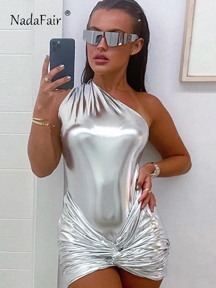 

Nadafair Women Dress 2 Piece Sets PU Leather Metal Sliver Y2K Party Club One Shoulder Sleeveless Bodysuit Tie Up Ruched Skirts