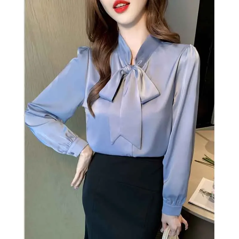 Женская шифоновая блузка с длинным рукавом и V-образным вырезом