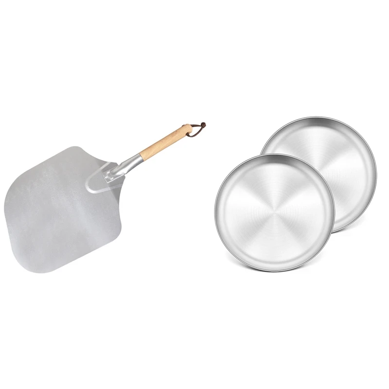 

HOT-56CM Pizza Peel Shovel And Handle Cake Shovel With 10 Inch Pizza Pan Set Of 2, Stainless Steel Pizza Round Baking Trays