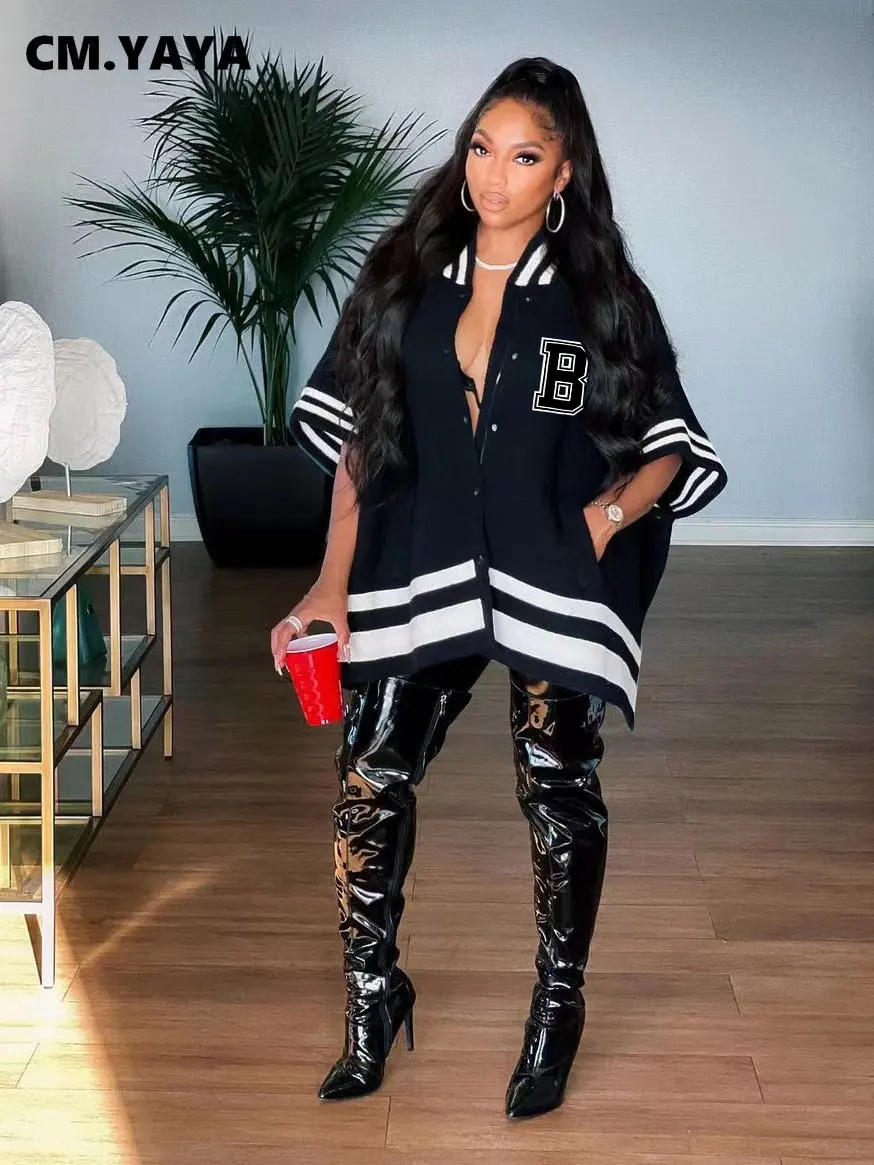 

Модная женская однобортная свободная бейсбольная рубашка CM.YAYA в полоску с буквенным принтом B и рукавом до локтя, стильная толстовка, верхня...