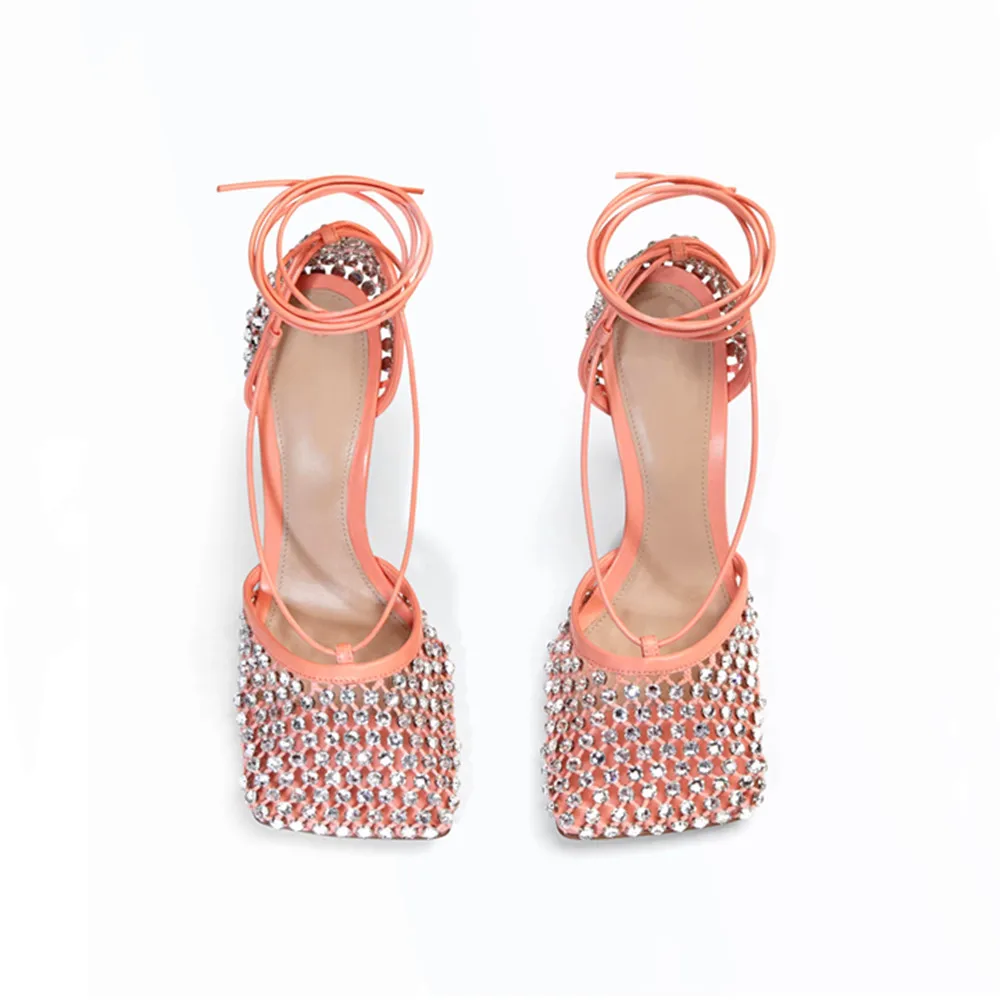 

Fashion Crystal Rivets Decor Shoes Luxury Thin Heels Hollowed Out Mesh Shallow Mouth Square Head Sandals Lady Party Banquet Shoe