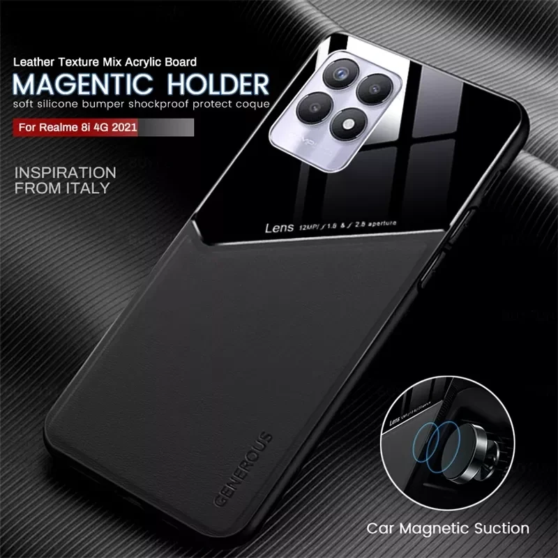 

For Realme 8i Case Luxury Leather PU+PC Car Holder Magnetic Cover Realme8i Realmi Realm Relme 8 i 6.6'' TPU Edge Protect