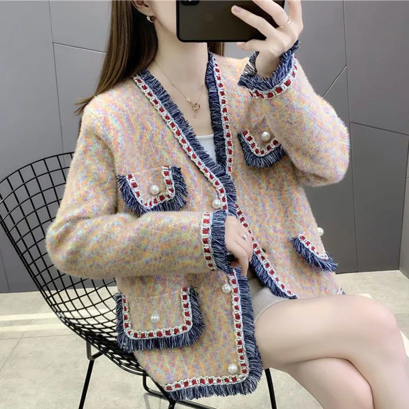 

Женский бархатный вязаный кардиган из искусственной норки, элегантный утепленный свитер с бахромой и вышивкой, Осень-зима 2022