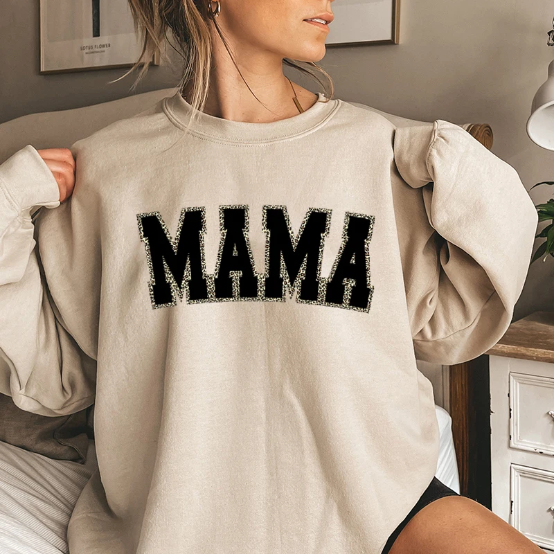 Mothers Day Gift for New Mom Autumn Sweatshirt Wildflowers Leopard Mama Retro Crewneck Sweater Cute Bow Cartoon Sweatshirts
