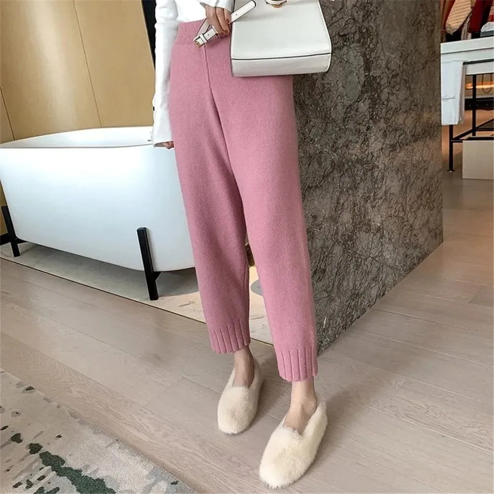 

Autumn Winter Casual Loose Knit Jogging Trousers Capris Knitted Harem Pants Women Casual High Waist Korean Chic Britches Fashion