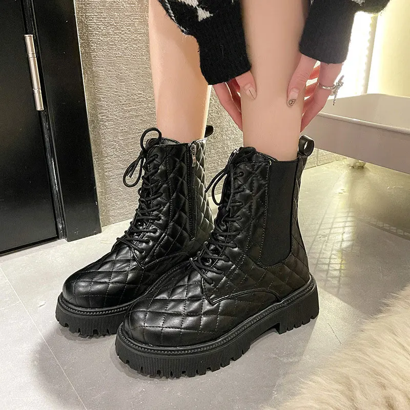 

Женские высокие сапоги, повседневные теплые зимние сапоги в Корейском стиле для студентов, женские сапоги на толстой подошве, со шнуровкой, ...