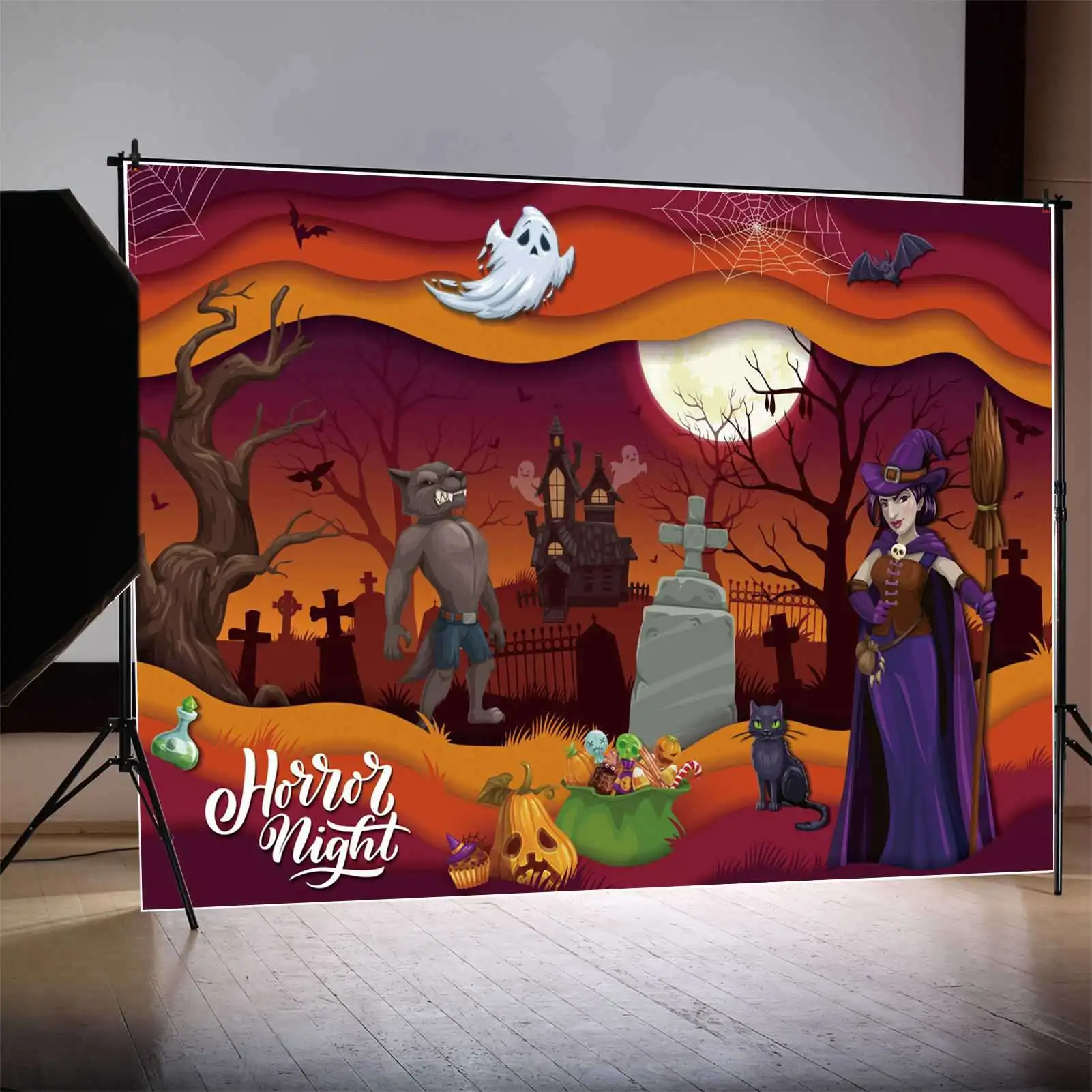 

MOON.QG Backdrop Witcher Werewolf Halloween Banner Party Decoration Background Jack O Lantern Cat Castle Tombstone Photo Booth