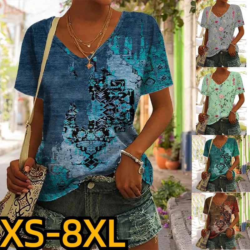 

2023 Short-Sleeve Summer Trendy Design Printing T-Shirt Plus Size Short Sleeve V-Neck Women's Classic-Fit V Neck T Shirts