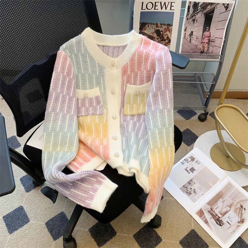

Gradient Striped Knit Cardigan Sweater Women Stylish Fashion Chic Ladies Tops 2023 Autumn Long Sleeve O-neck Knitwear Jumpers