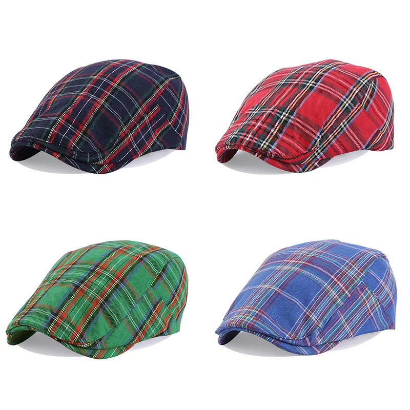 

Girls Lady Cotton Checked Newsboy Beret Fashion British Casual Cap Soft Fit Cabbie Adjustable Painter Sunscreen Octagonal Hat