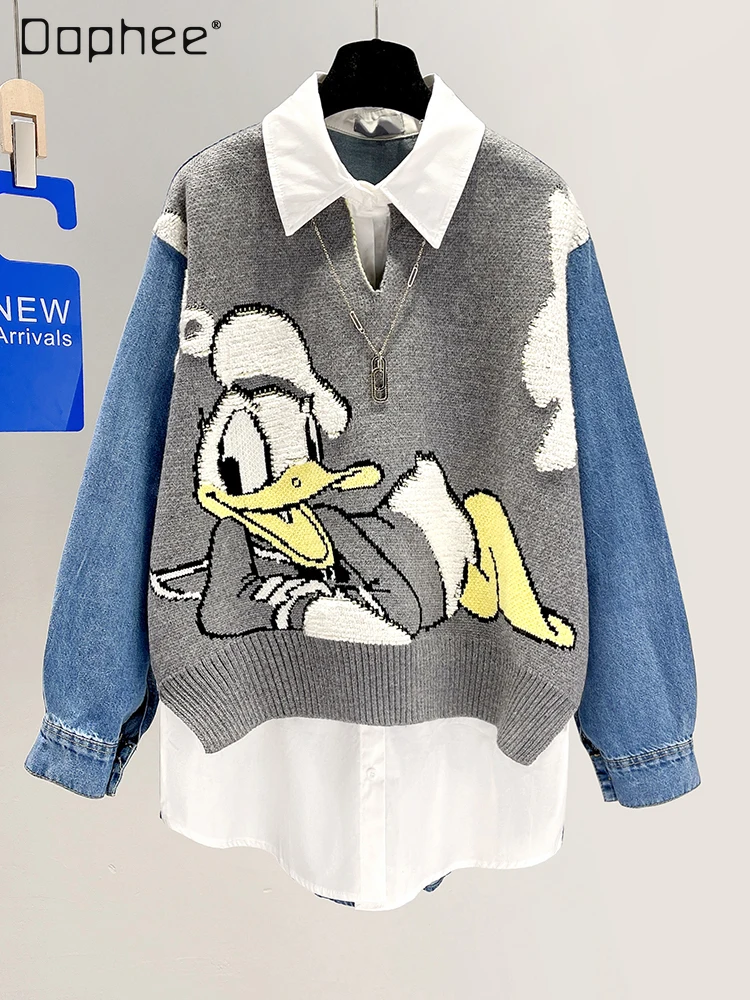 Autumn and Winter New Fake Two-Piece Denim Shirts Loose Mid-Length Knitted Patchwork Shirt Coat Long Sleeve Cotton Blouse Top