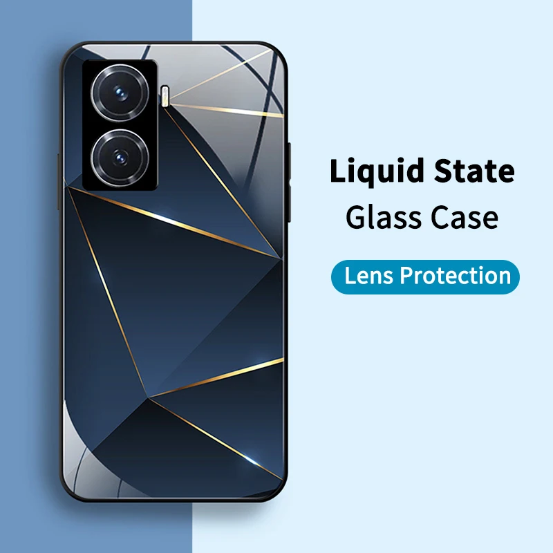 

New Liquid Back Tempered Glass Anti Drop Phone Case For Vivo Y77e Advanced Sense Simple Geometric Diamond Mirror Protector