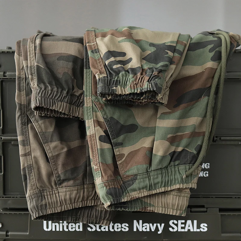 

Autumn Military Style Camouflage Tooling Ankle Tied Pants Men's Fashion Washed Old Pure Cotton Loose Casual Drawstring Trousers