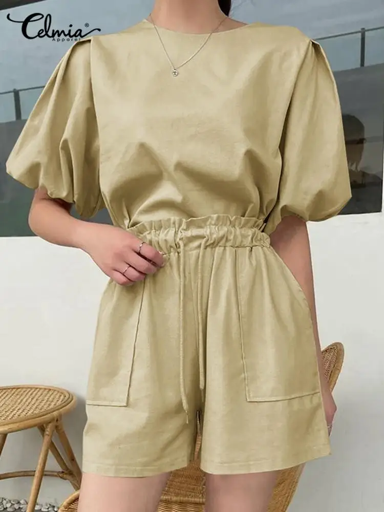 

Celmia Korean Style Leisure Puff Sleeve O Neck Tops and Pockets Bandage Shorts Suit Women Fashion Solid Sets 2 PCS Short Sets