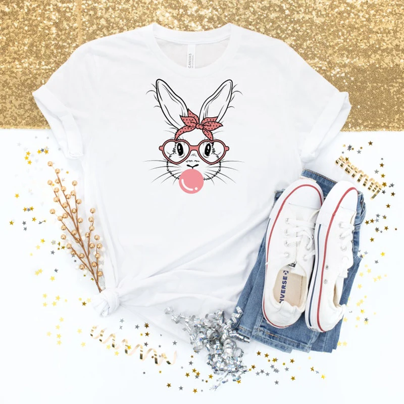 

Rabbit Bunny Bubblegum Women T Shirts Cotton Easter Festival T-shirt Summer Fashion Short Sleeve Clothes Ladies Top Dropshipping