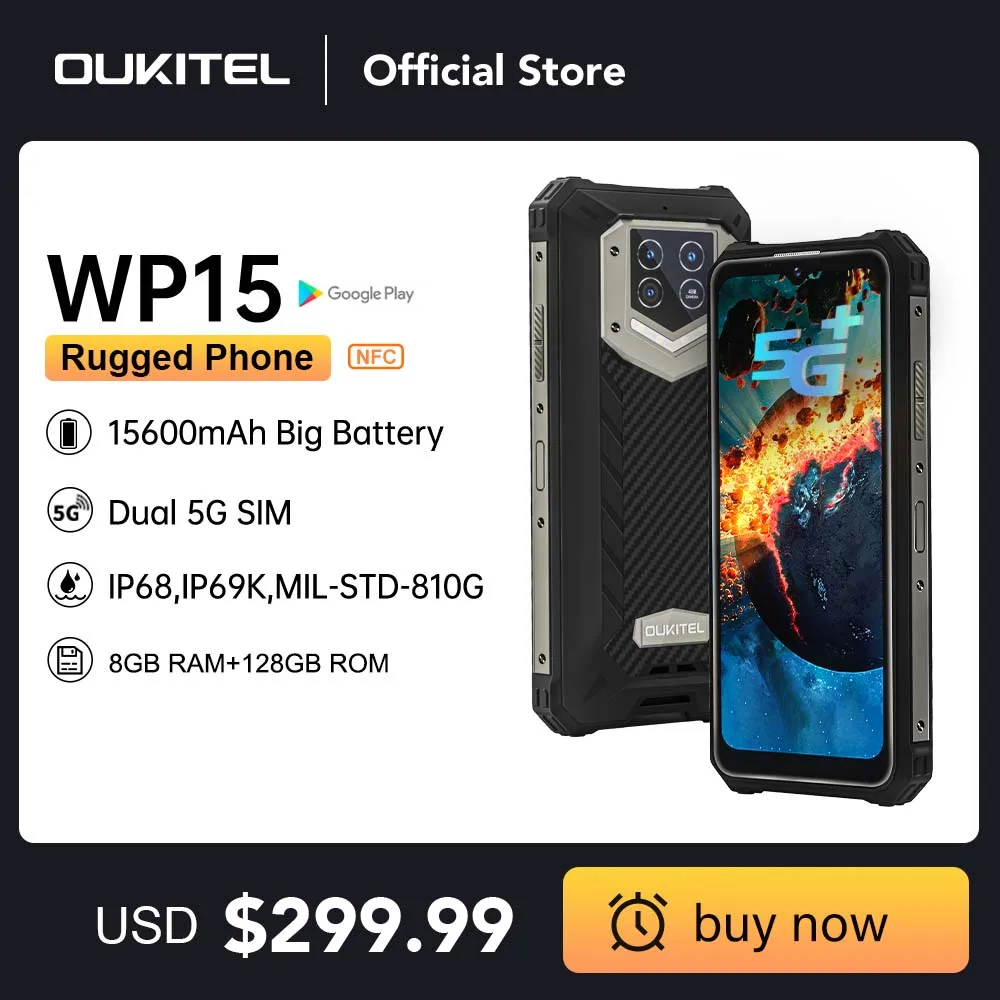 Oukitel WP15 Rugged Smartphone 8GB+128GB 6.5HD+15600mAh Octa Core Android11 Mobile Phone 48MP MT6833 NFC Smartphone Cell Phone