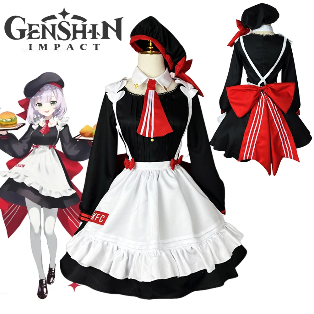 

Game Genshin Impact Noelle Cosplay Dress KFC Uniform Hat Apron Lolita Bow Maid Costume Girl Halloween Masquerade Sexy Clothes