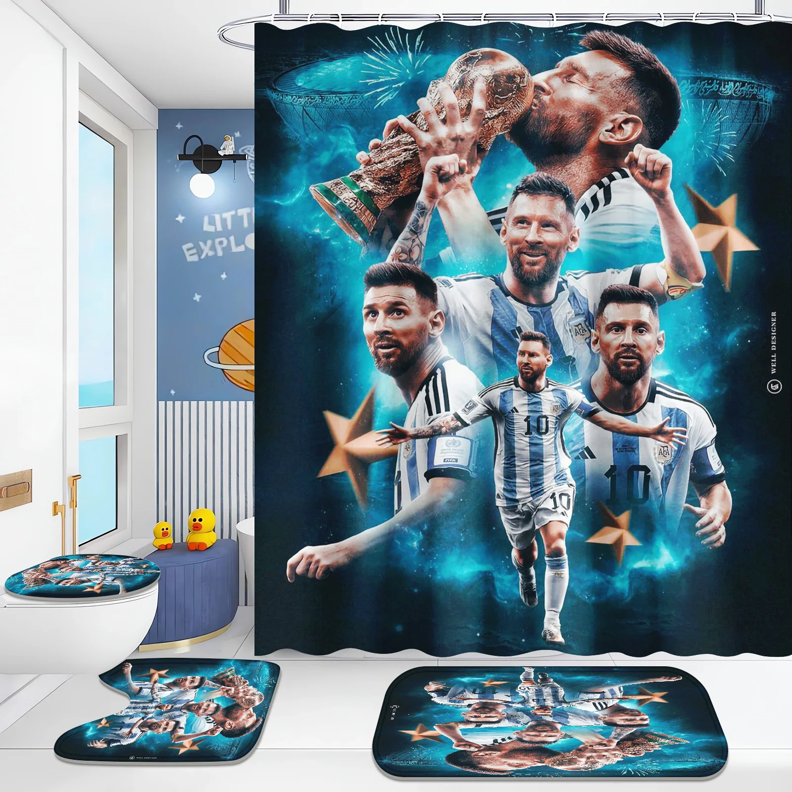 

4pcs Shower Curtain Bathroom Star Football Sports Bath Curtain with Anti-slip Rug Toilet Cover Mat Soccer Fan Home Decorations