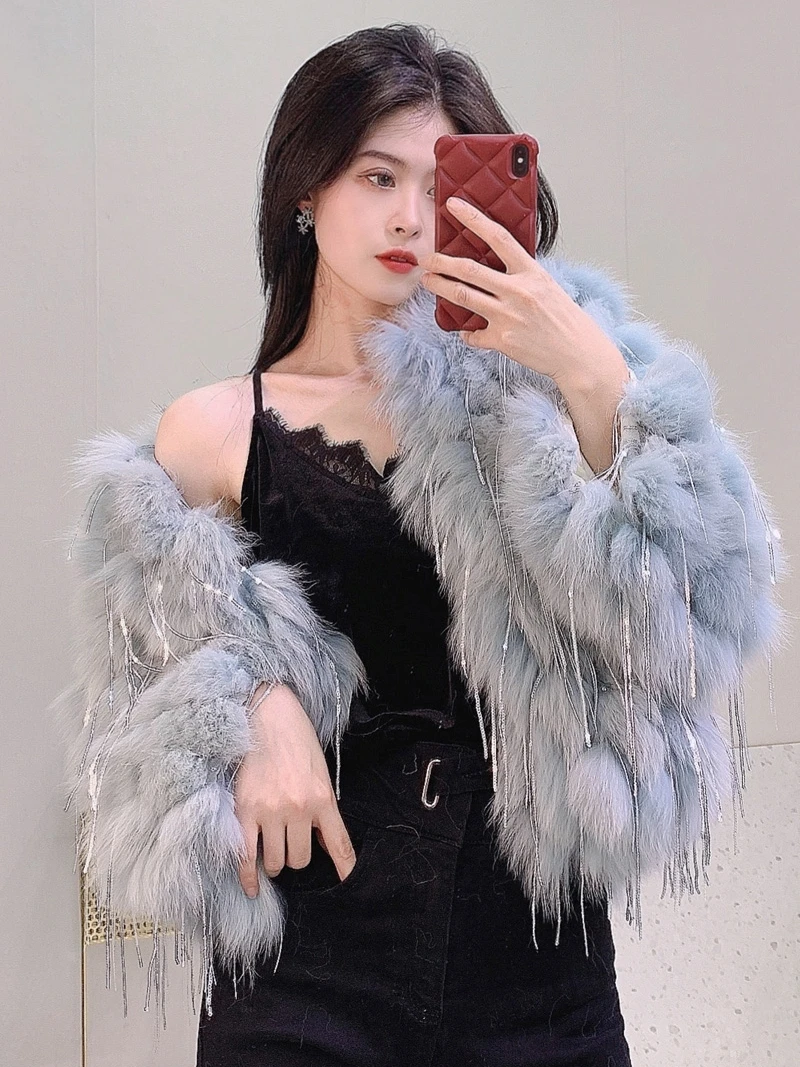 Real Fur Coat Women Winter Warm Natural Fox Fur Coat High Quality Luxury Fashion Sequined Tassel O Neck Short Fur Jacket Y3019
