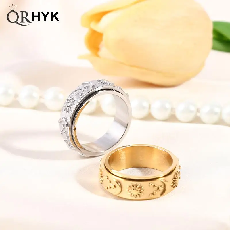 

1pcs Women's Star Moon Sun Rotating Finger Ring Titanium Steel Casting Men Ring Stainless Steel Unisex Jewelry