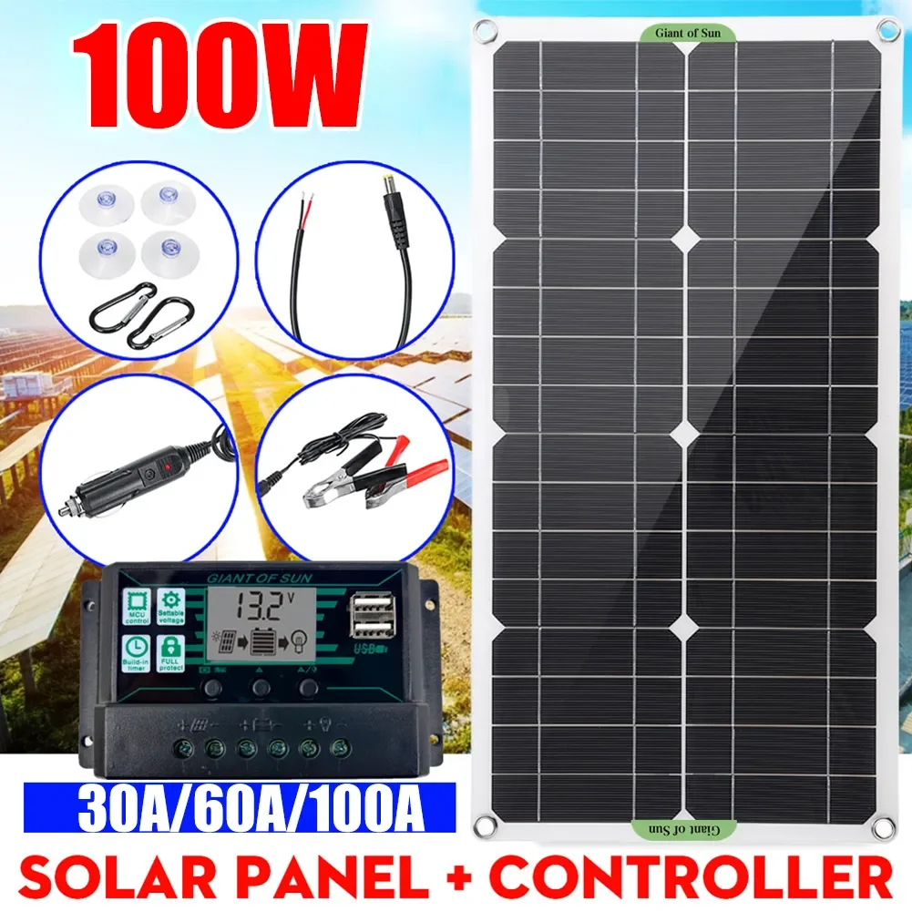

100W Monocrystaline Solar Panel Dual 12V/24V DC USB Outdoor Car RV Rechargeable Kit with 30A/60A/100A Solar Controller & Cables