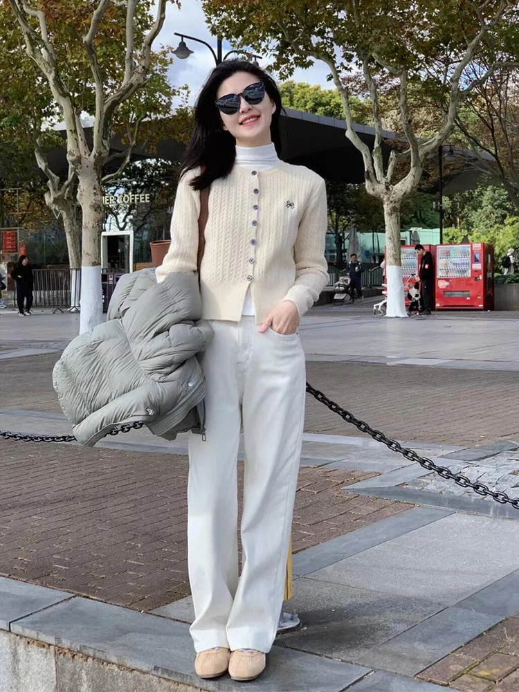 Korean Series Gray Embroidered Twist Knit cardigan Outerwear Women Outer Wear Small Loose Crop Sweater Top Autumn and Winter