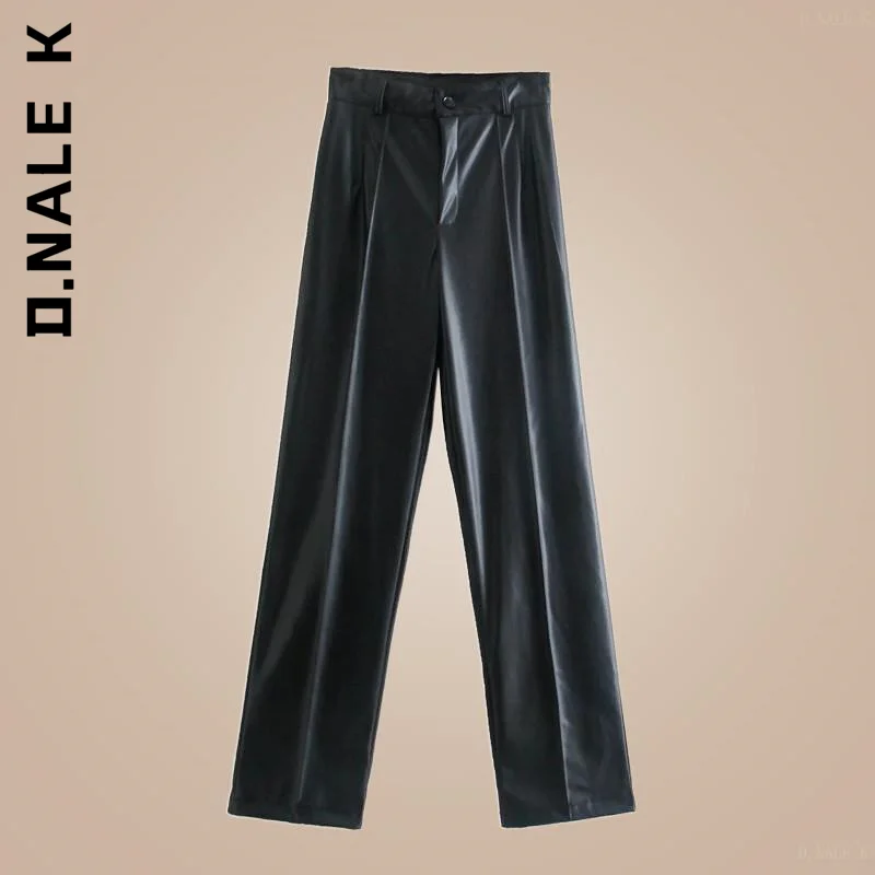 

D.Nale K Spring 2022 Fashion Faux Leather PantBlack Pants Women High Waist Woman Trousers Streetwear Wide Leg Pant Loose Pants