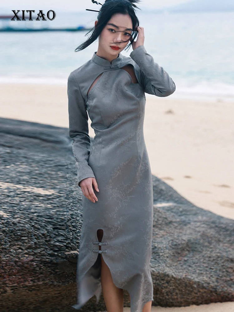 

XITAO Asymmetrical Solid Dress Women Korea Summer New Arrival Personality Fashion Loose Stand Collar Full Sleeve Dress ZY8596