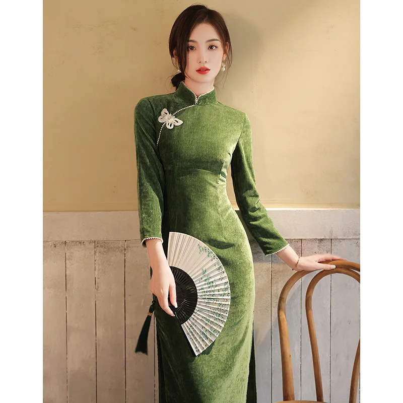 

Velvet Qipao Evening Dresses Green Silk Cheongsam Dress Printing Large Size Cheongsams Chinese Traditional Oriental Long Dress