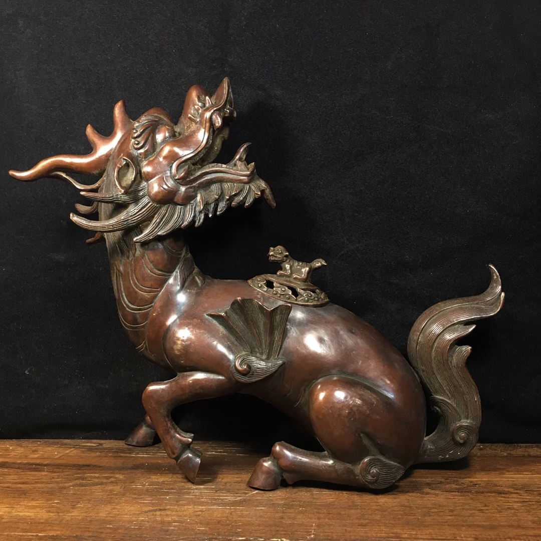 

13"Tibetan Temple Collection Old Bronze Cinnabars Chinese Zodiac Dragon Statue Turning back mythical beast incense burner