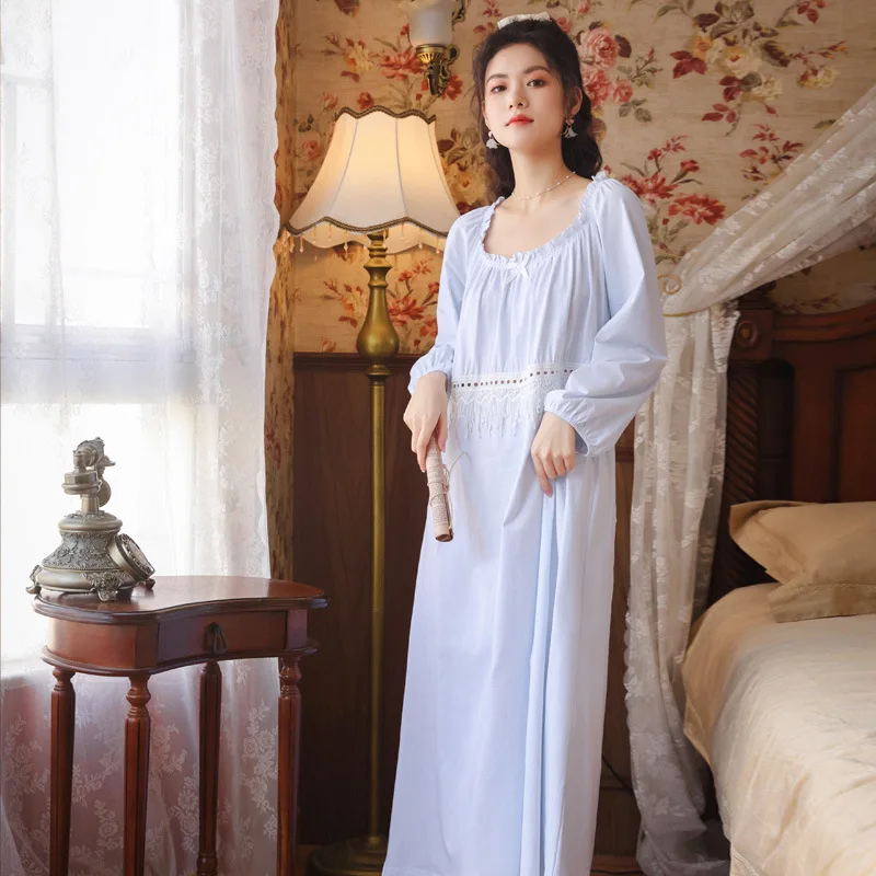 Roseheart New White Pink Blue Sexy Women Sleep Nightwear Suits Night Lace Nightgown Sleepwear Long Pants Homewear Gown Cotton