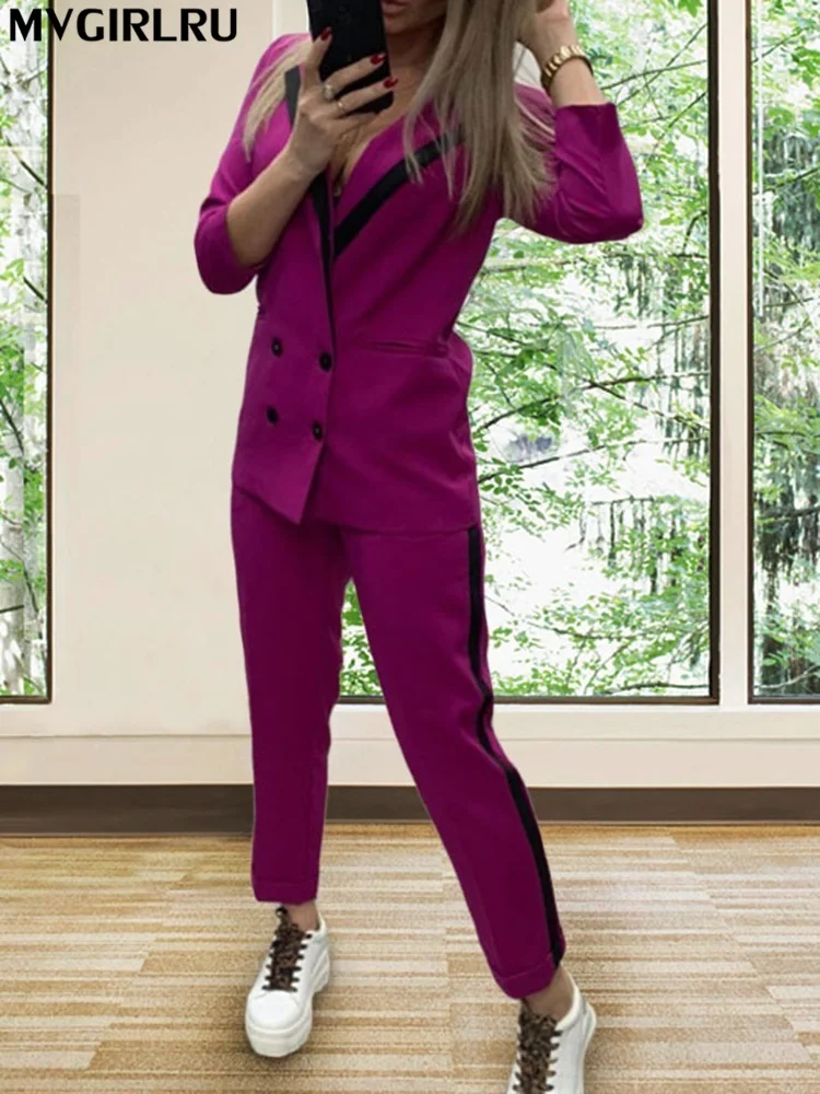 

MVGIRLRU Womans Blazer Double-Breasted Button Notched Collar Work Suits 2 Pieces Set Elegant Jacket & Elastic Waist Pant Suit