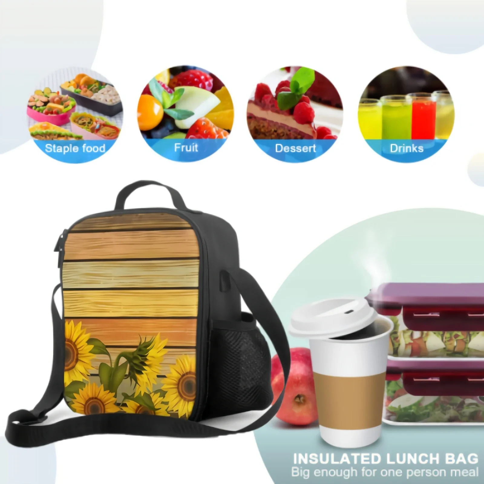 Подсолнухи и листья на античной деревянной доске изолированная сумка для ланча