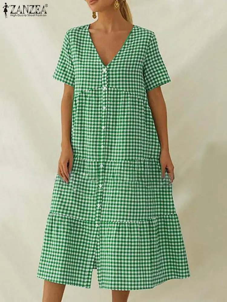 

Винтажное праздничное платье до середины икры, летний клетчатый сарафан с V-образным вырезом и коротким рукавом, женское платье ZANZEA 2022, женс...