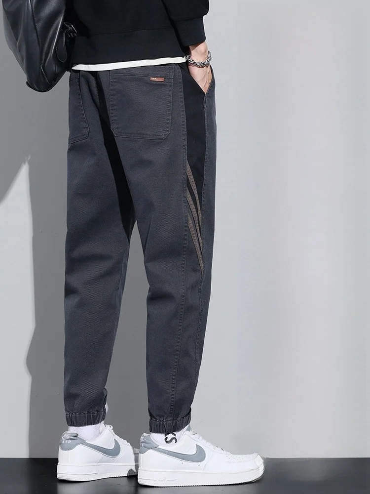 Autumn and Winter Fleece-lined Thickened Casual Pants Men's Trendy Loose Ankle-tied Warm Cargo Trousers Boys Harem