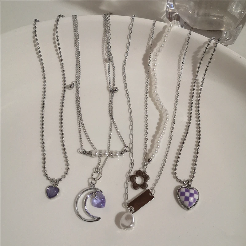 

Kpop 2022 Purple Crystal Moon Heart Flowers Pearl Metal Necklace For Women Trend Vintage Grunge Jewelry EMO Y2K 90s Accessories