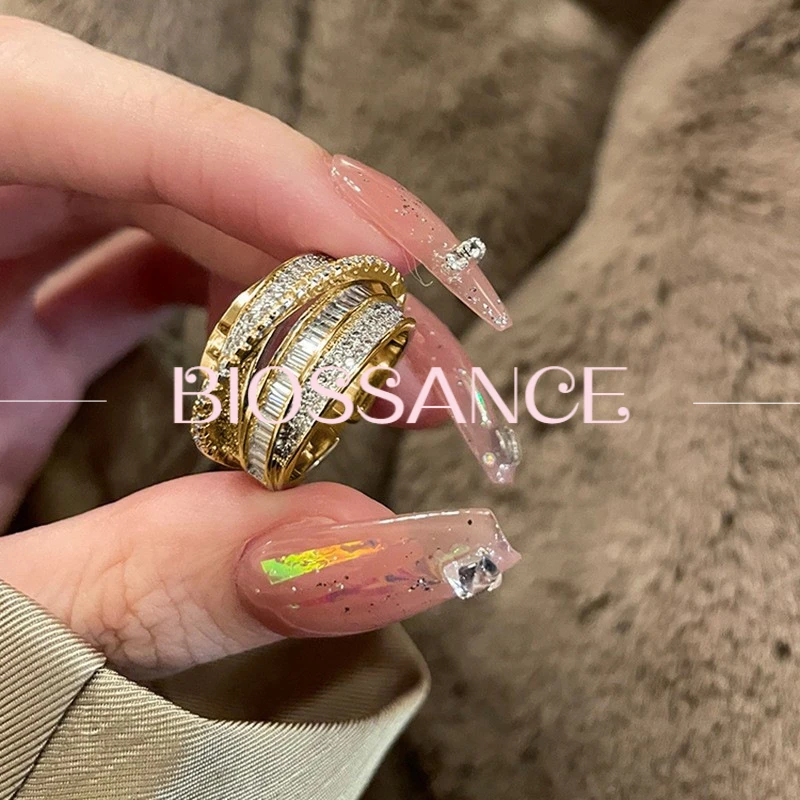 BIOSSANCE New Exquisite Fashion Inlaid Zirconia Double-Layer Open Ring Temperament Women'S Jewelry Accessories Gift Wholesale