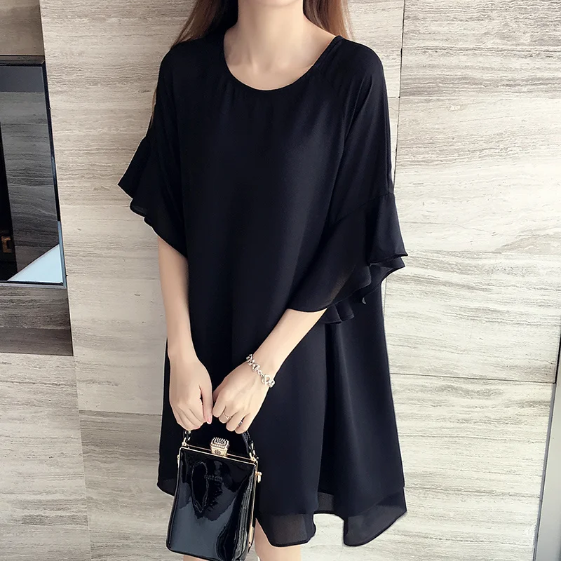 

2023 Women Dress Elegant Summer Loose Butterfly Sleeve Ladies Dresses Black Chiffon Oversized Vestidos Mujer