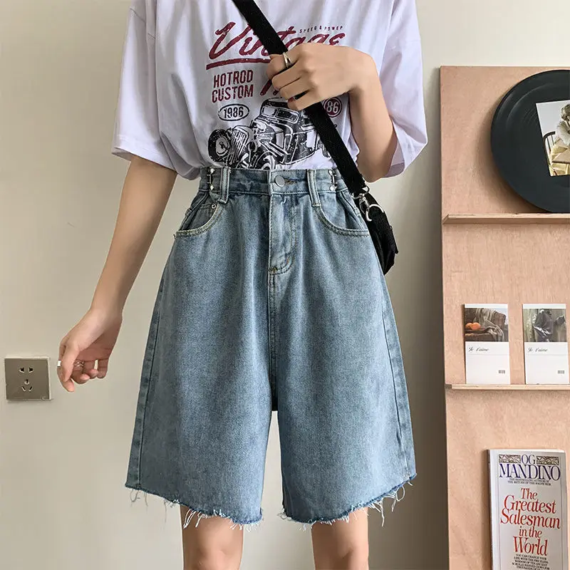 A GIRLS Shorts Women Denim Trousers Retro  3-colors High Street Popular Colleges Adjustable Waist Girls Distressed S-5XL Leisure