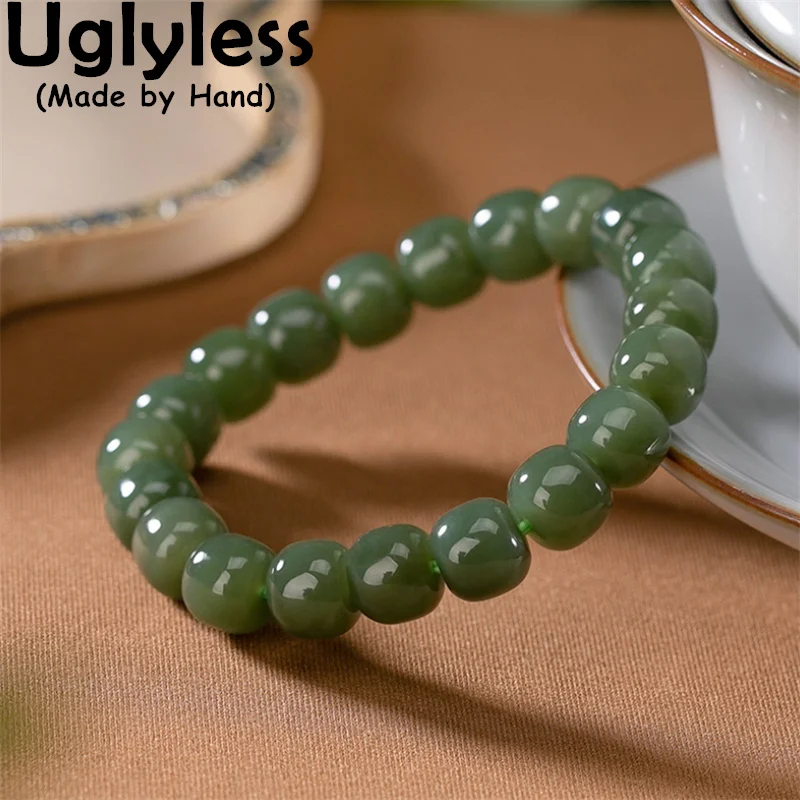 

Uglyless Simple Square Beads Gemstones Bracelets for Women Elastic Rope Nature Hotan Jade Bracelet Gradient Jade Jewelry Fashion
