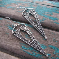 tribal triangle hollow long hook earrings for women vintage silver color metal carving pattern drop earrings jewelry