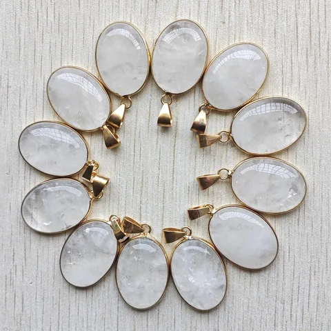 Модные овальные подвески хорошего качества из натурального белого кристалла золотого цвета для изготовления ювелирных изделий оптом 12 шт