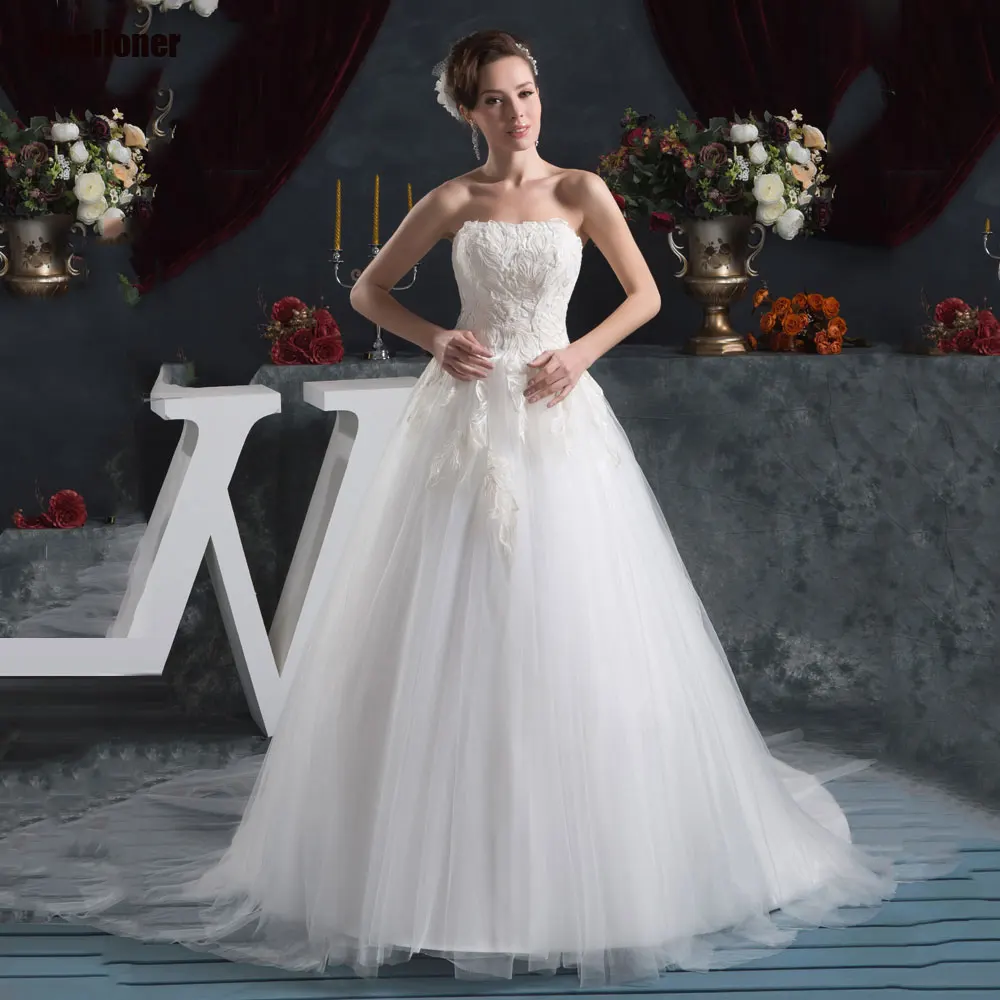 

Challoner Elegant Strapless A-line Wedding Dress Backless Lace Applique Bridal Gowns Chapel Train Vestidos Festa Custom Made