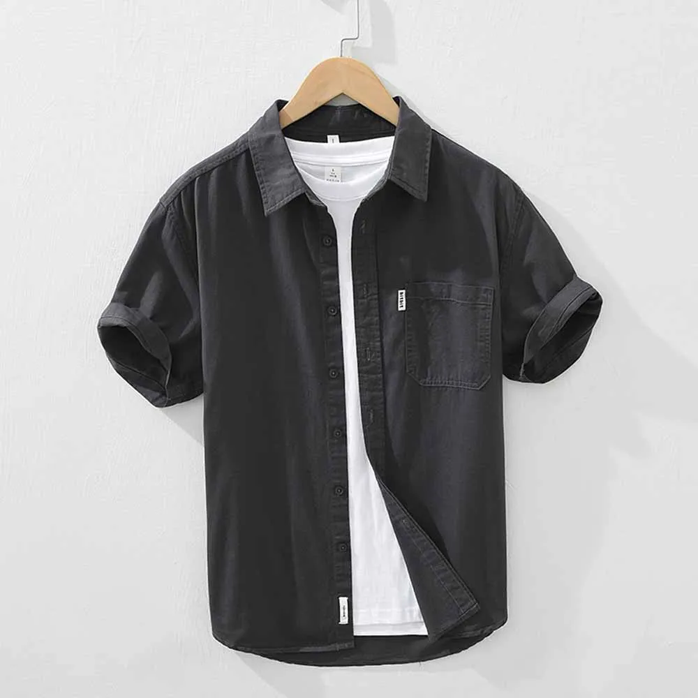 Summer Cool Men Short-sleeved Shirt Solid Color Fashion Casual Loose Button Pocket Shirt Male Clothing Top
