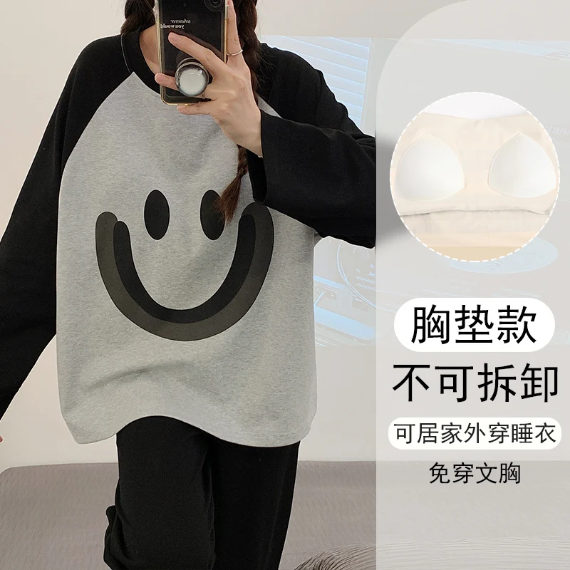 Spring and Autumn New Women Smiley Pajamas Long sleeve Trousers Set two piece Plus size Internet Red Sle Casual Home Wear