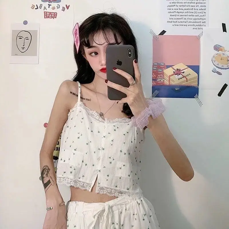 Qweek Women's Pajamas Suits with Shorts Sling Lace Pyjamas Set Korean Cute Pijamas Summer Night Homesuit Home Clothes Sleepwear