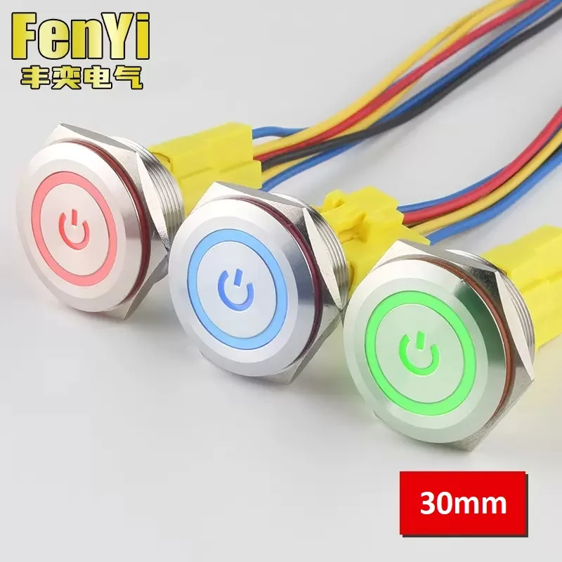 

30mm 6Pins Metal Push Button Switch Waterproof Self locking/Momentary Flat Head LED Ring Power Symbol Switch with Connector