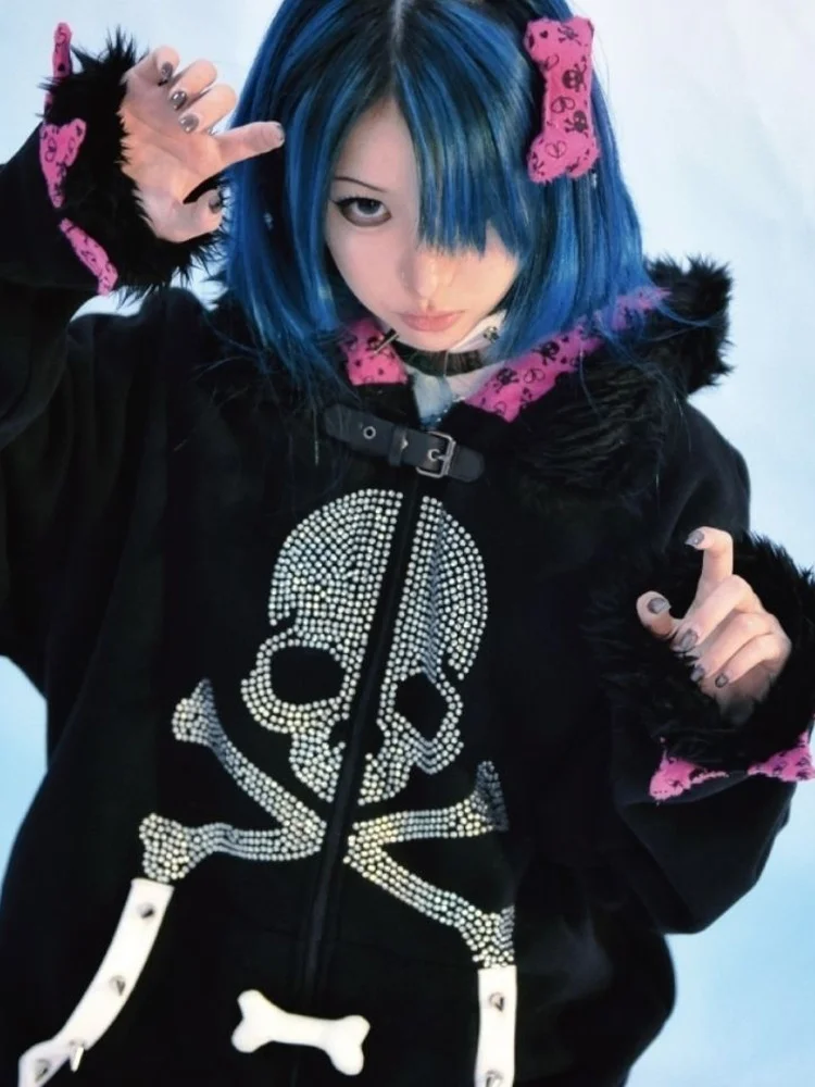 

Hip Hop Streetwear Skull Print Zipper Sweatshirt Women Cloth Autumn Loose Fleece Hoodies 2022 Korean Japan Harajuku Punk Tops